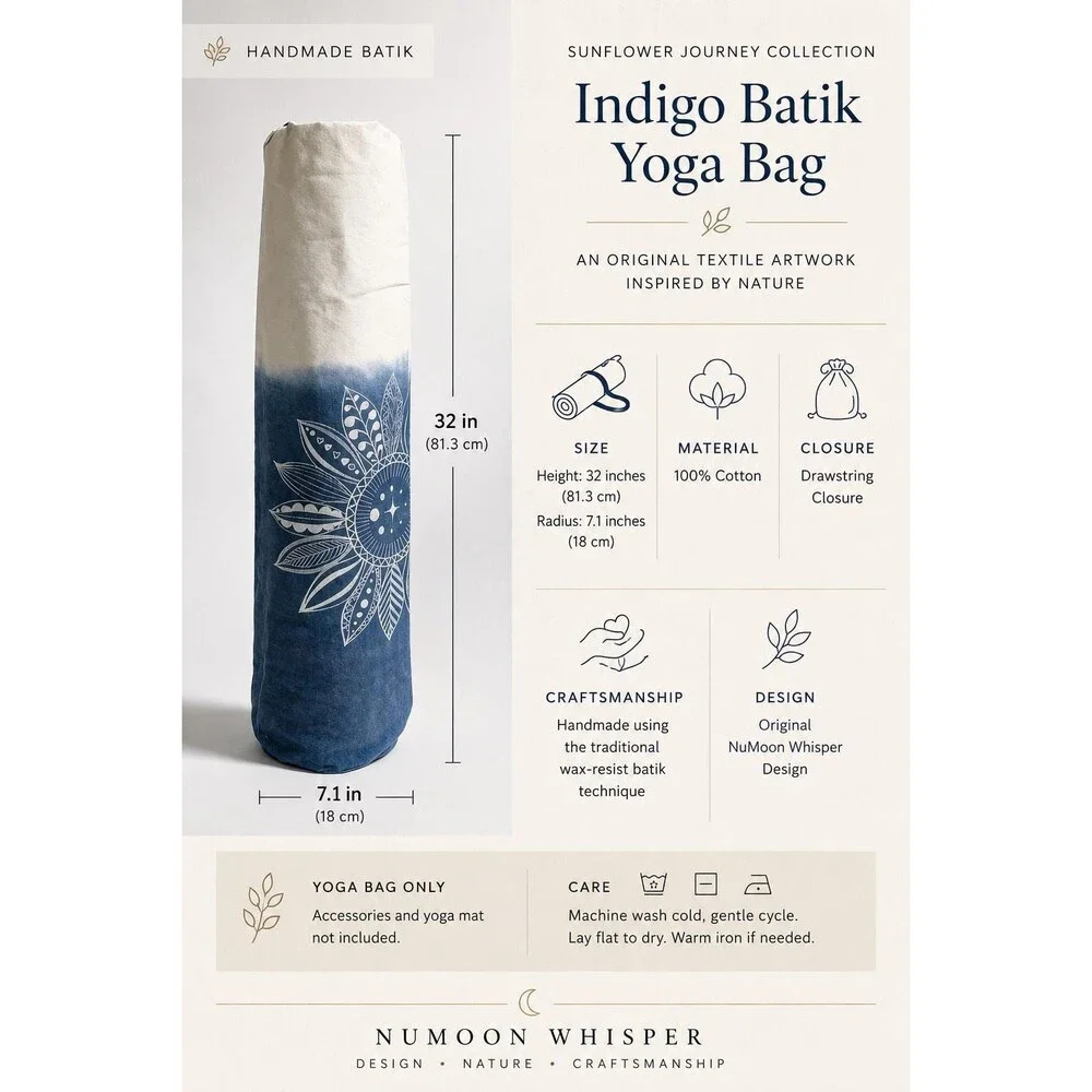 Handmade Cotton Yoga Bag | Indigo Batik Yoga Mat Tote | Drawstring Yoga Carrier